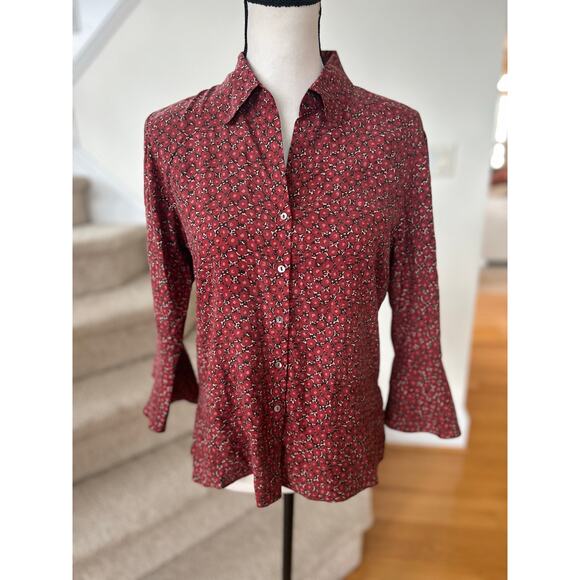 Vintage Y2K Coldwater Creek Silk Red Ditzy Floral Button Down Flutter Sleeve - Picture 1 of 7